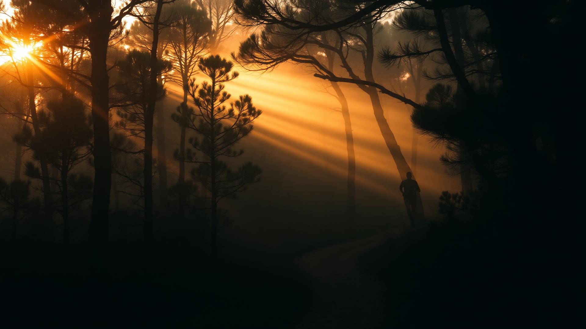 Runner on a misty forest trail at dawn